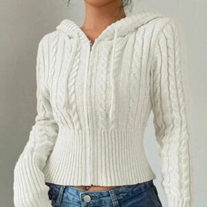 White Casual Women's Fitted Drawstring Hooded Cardigan